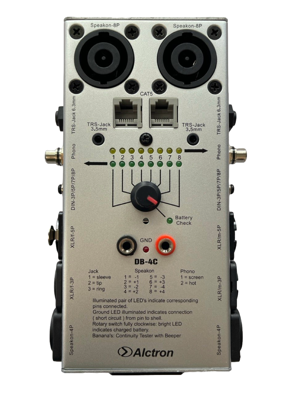 PROBADOR DE CABLE DE AUDIO COMPACTO PARA MICRÓFONO XLR DE PRUEBA, INSTRUMENTO DE 1/4", NIVEL DE LÍNEA RCA Y CABLES DE ALTAVOZ ALCTRON DB-4C