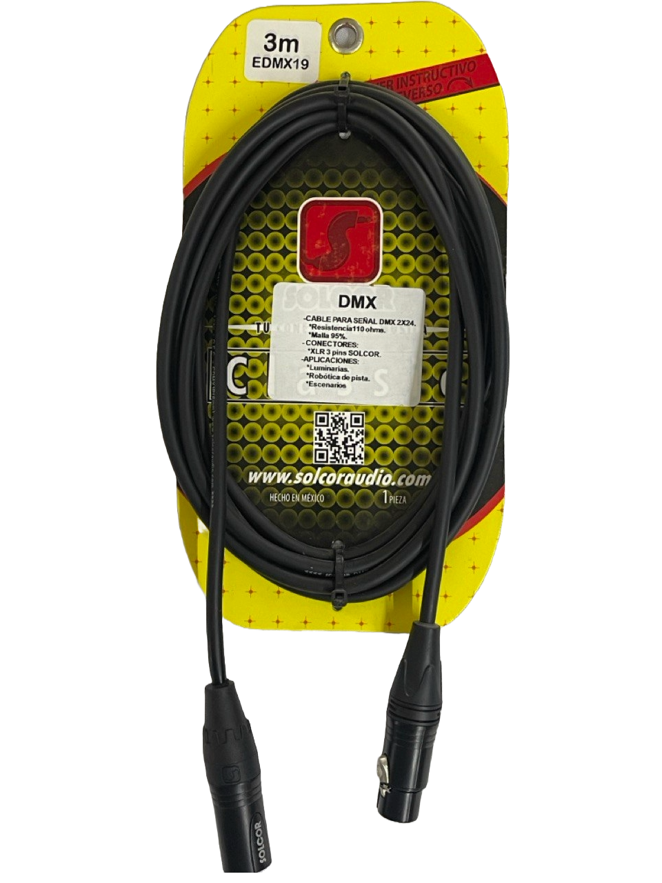 CABLE PARA SENAL DMX CON XLR MACHO A XLR HEMBRE DE 3 MTS SOLCOR EDMX19