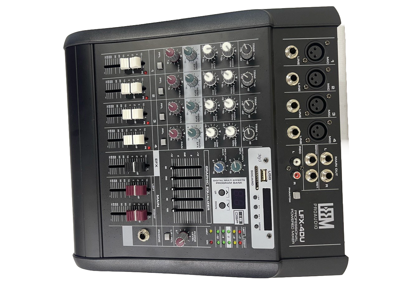 CONSOLA MEZCLADORA DE 4 CANALES 200W 4 MIC Y 4 ENTRADAS CON USB LEEM LFX4DU