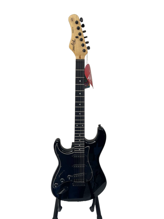 GUITARRA ELECTRICA ZURDA TIPO ST, COLO NEGRO CON MICA NEGRO, CUERPO TILO AMERICANO TAGIMA TG-500-LH-BKDF-BK